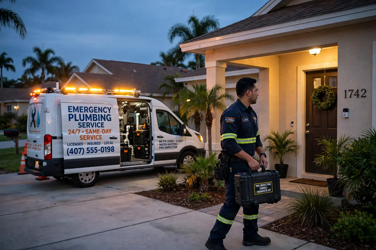 Emergency sewer repair van and technician at a home at dusk