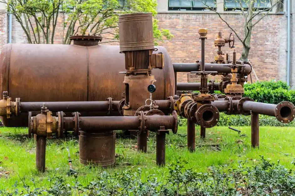 A collection of rusty industrial pipes and machinery set outdoors, surrounded by grass.
